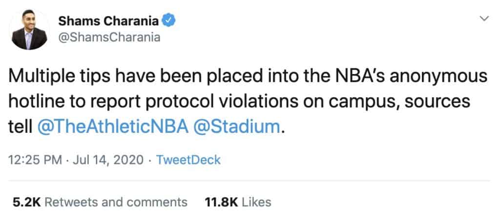 Apparently, there's no "bro code" going on in the NBA bubble in Orlando, as players are already snitching on each other for breaking rules. 