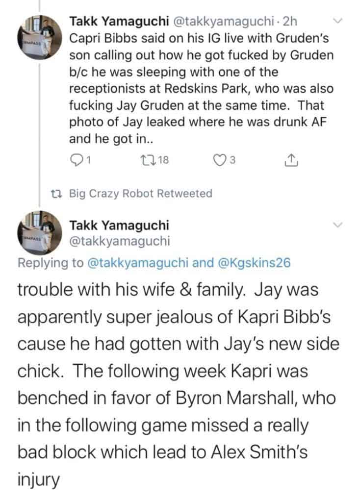 Ex-Washington RB Kapri Bibbs spilled all the details on Jay Gruden's side chick possibly being responsible for Alex Smith's nasty leg injury. 